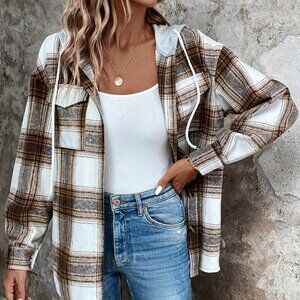 Brown Casual Womens Plaid Print Drop Shoulder Drawstring Hooded Coat